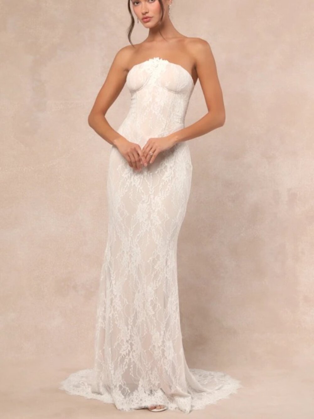 Lulus - Valeria White Lace Strapless Bustier Maxi Dress - XL